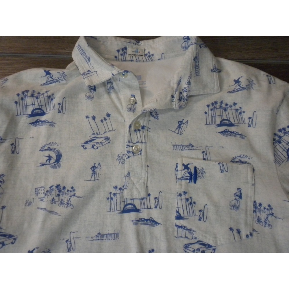 Johnnie-O Polo Shirt Mens M White Blue Hangin Out Beginner's Luck AOP Surf Beach - Picture 3 of 7